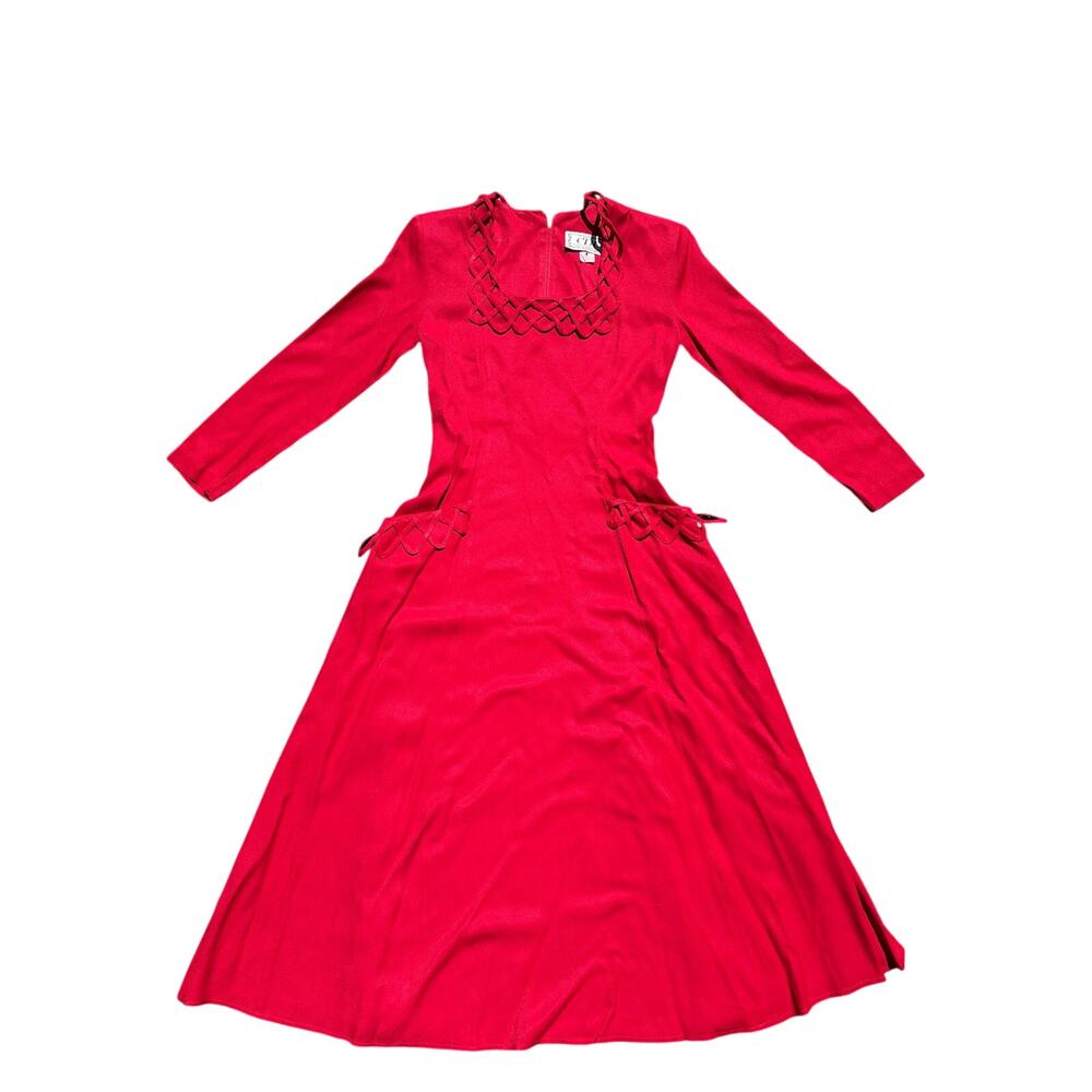 Vtg 70s Caren Desiree & Co long sleeve red Dress lattice fringe pockets size 6